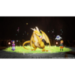 Golden dragon stands on a glowing green platform, flanked by a purple-robed girl and a blond boy in a cavernous arena with a floating blue creature nearby.