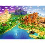Vibrant voxel landscape with deserts, forests, a winding river, and distant mountains in a Minecraft-like world.