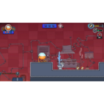71BmShlbfNL_SL1500___502631782502937 - Video Game Depot Orange astronaut-like character stands on a platform in a red-tiled industrial room with pipes and machinery behind him, aiming toward a sink with blue water spraying out.