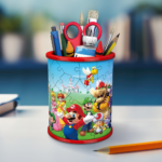 Colorful pencil cup filled with scissors, paints, and pencils on a desk; container features Mario characters on a puzzle-patterned surface.