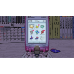 71BugFHCcPL_SL1500___138071777410298 - Video Game Depot A person kneels before a pink handheld game device with app icons like Email, Phone, News, Game, Dictionary, Save, Load, Next on its screen in a cluttered room.
