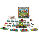 71CLueTgVWL_AC_SL1500___148641785342996 - Video Game Depot Minecraft Heroes of the Village board game components laid out: box, tiles, cards, blocks and dice on a white background.