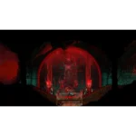 Hero in armor lunges at a large red skeletal demon with wings in a dark cavernous throne room, lit by crimson glow from torches.