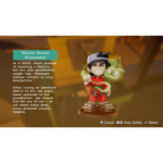 Panel labeled 'Master Assam (Common)' tells Assam's backstory of becoming a fighter and finding harmony; shows a cartoon boy in red with a green dragon companion.