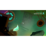 Fantasy game screenshot with giant gears, a glowing wing, and a green aurora-like background; banner text reads 'Ancient Steel District — Find Bahamut's Feather'