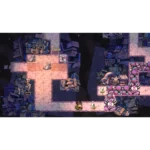 Small adventurer walks a pink-tiled dungeon path, with glowing pink enemies to the right in a dark cavern.