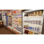 Refrigerated display in a Japanese shop with shelves of milk cartons, yogurt drinks, and canned beverages.