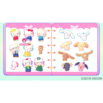 Two-page sticker book filled with cute Hello Kitty characters in colorful outfits on pink striped pages, held in a binder.