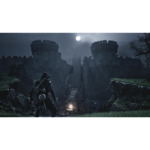 71IOkS4B3pL_SL1500___136931783705462 - Video Game Depot Dark medieval warrior stands before a ruined fortress at night, with the moon overhead and a small fire glowing below the gate.