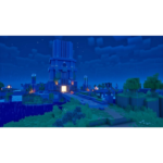 71Il8ijMVkL_SL1500___045601781275786 - Video Game Depot Blue, blocky tower in a Minecraft-style world at night with a glowing doorway and rainy surroundings, surrounded by greenery and paths.