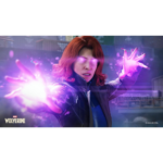 Scarlet Witch unleashing glowing purple energy from her hands in a dynamic action pose, a promotional Marvel image.