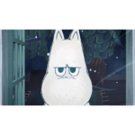 Grumpy white cartoon cat with pointy ears stands in a dark, snowy yard at night, behind a gate or fence.