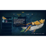 Lore screen from a fantasy game showing Bahamut description with a decorative blade artwork on the right and a left-side item list.