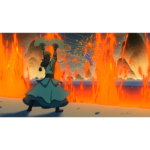 Martial artist in teal robes raises two folding fans to battle as lava pillars erupt around them in a fiery arena.