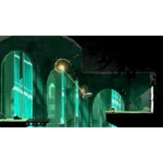 Hero on a glowing golden glider flies through a ruined teal-lit temple with arched doorways.