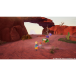 A small adventuring group walks through a red desert canyon, with colorful fantasy creatures following them at sunset.