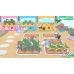 Colorful cartoon farm scene: multiple players tend vegetable plots with tomatoes and yellow flowers in a cooperative game setting.