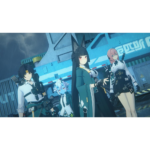71NX9BjbYwL_SL1500___535081779297991 - Video Game Depot Group of four anime-style characters in tactical outfits standing in the rain at a blue industrial depot/dock area.