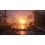 Sunset over a tropical harbor with a tall sailing ship, palm trees, and a rocky fortress as silhouettes on a dock.