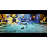 A large horned villain raises arms in a crystal cavern stage while a small character lies wounded on the icy floor in front of a throne-like platform.