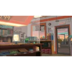 71P1Un1wYFL_SL1500___334321760560414 - Video Game Depot Pixel-art convenience store interior with a checkout counter, shelves of goods, and a glass exit door revealing a sunset street outside.
