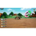 Cartoon dog-like creature in a battle arena with health bars on the left and a circular 48% gauge on the right, Round 1 UI visible in a colorful game scene.