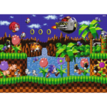 Pixelated Sonic the Hedgehog scene with green platforms, palm trees, waterfalls, rings, and various animal enemies outside the foreground.