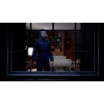 71PUcvtuTaL_SL1500___136171783533617 - Video Game Depot Masked figure in a blue jumpsuit stands inside a dimly lit living room, seen through a window at night, holding a knife.