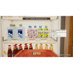 Vending fridge in a video game with water jugs and bottled drinks on shelves labeled Soft Drinks Refrigerator, showing a store display.