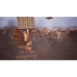 Two large dragons battle above a city skyline as smoke and fog rise between skyscrapers, with a flying saucer overhead.
