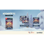 Moomin Troll game promo: Switch case left, two sticker sheets, and a soundtrack box on a snowy blue backdrop with logos at bottom.