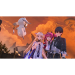 Three anime-style characters stand together in a rocky, sunset-lit landscape with a white floating creature nearby.
