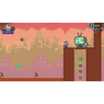 71TNPRT5exL_SL1500___552371782502937 - Video Game Depot Colorful side-scrolling platform game: hero on a brown ledge beside a TV-headed scientist, coins dropping down a vertical shaft in the foreground cityscape.