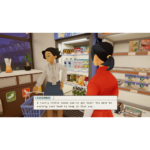Two in-game characters: a store employee with an ID badge and a customer in red chat in a stylized grocery store, with shelves behind them and a speech bubble containing the line 'A lovely little store you’ve got here! You must be working real hard to keep it that way..'