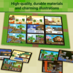 Collage of colorful blocky illustrations on a green background with the headline: 'High-quality, durable materials and charming illustrations'