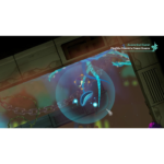 Futuristic game scene: a character inside a glowing blue energy bubble amid metal panels and chains in a sci-fi setting.