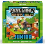 Box art for Minecraft Builders & Biomes Junior board game by Ravensburger, green packaging with game title and characters, ages 5+.
