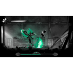 Side-scrolling game battle in a ruined warehouse: armored fighter attacks with a glowing green blade while a smaller character lunges.