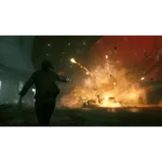 71WpzW0fcbL_SL1500___995301779470383 - Video Game Depot Person in a dark jacket runs away from a large indoor explosion, sparks and debris flying around a dim industrial space.