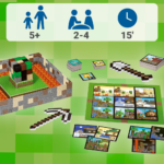 Minecraft-style playset with a block-built house, tools, and stacked cards, plus a banner showing ages 5+, 2–4, and 15'