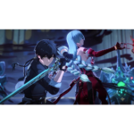 Two armored warriors duel in a dark fantasy battlefield, one with a glowing blue sword drawn in a onward strike.
