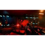 First-person shooter scene in a red-lit, sci‑fi room with a rifle aimed at an enemy amid smoke and medical-like beds and equipment.