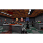 71_CWpE7KnL_SL1500___429171778531465 - Video Game Depot First-person view in a grim laboratory with a bloodstained table, severed body parts, and hooded enemies nearby, gun visible at the bottom edge.