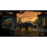 71_arXJP-3L_SL1500___163141760560414 - Video Game Depot Pixel art backyard at sunset: a man sits on the tailgate of a pickup beside a blue truck, with a motorcycle and tools nearby.