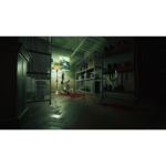 71bMYpT8cuL_SL1500___118241781724394 - Video Game Depot Dimly lit storage room with metal shelves; a figure sits against the wall by a lamp, with blood on the floor nearby.