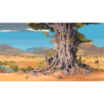 Massive ancient tree with sprawling roots in a dry desert landscape under a blue sky in pixel art style