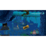 Underwater game scene with divers exploring a cavern, drifted scroll and bottles on the sea floor, and a distant city in the background.