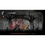 Dark, stormy battleground with two armored fighters facing off; a demon-wraith on the left and a knight with a yellow shield on the right, in a graveyard setting, with a health bar at the bottom.