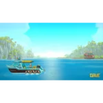 71efrXL1eOL_SL1500___481561775849828 - Video Game Depot Cartoon motorboat with passengers on calm blue water, rocky green cliffs in the background and a bright sun on the horizon.