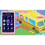 71ek8VYd7AL_SL1500___729951783611450 - Video Game Depot Barbie-themed game scene: pink handheld device showing a customization menu while a bright yellow bus sits in a colorful yard.